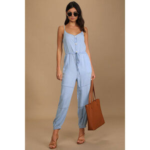 Lulus Chill Style Blue Chambray Button-front Jogger Jumpsuit - Size S